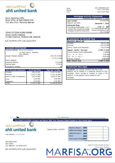 Downloadable Bahrain Ahli United bank mortgage statement scr real example